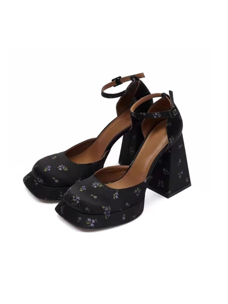Black Floral Print Platform Heels