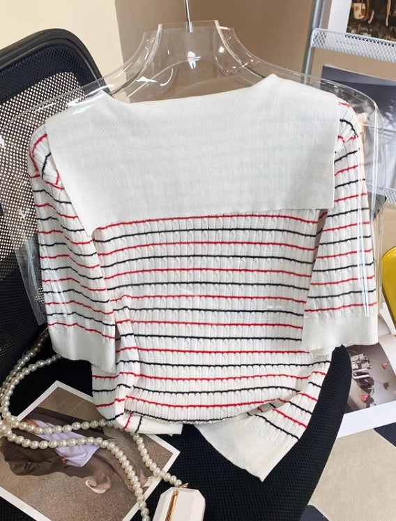 White Collared Stripes Short Sleeve Sweater