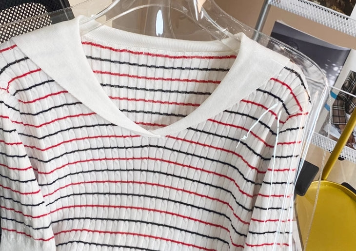 White Collared Stripes Short Sleeve Sweater