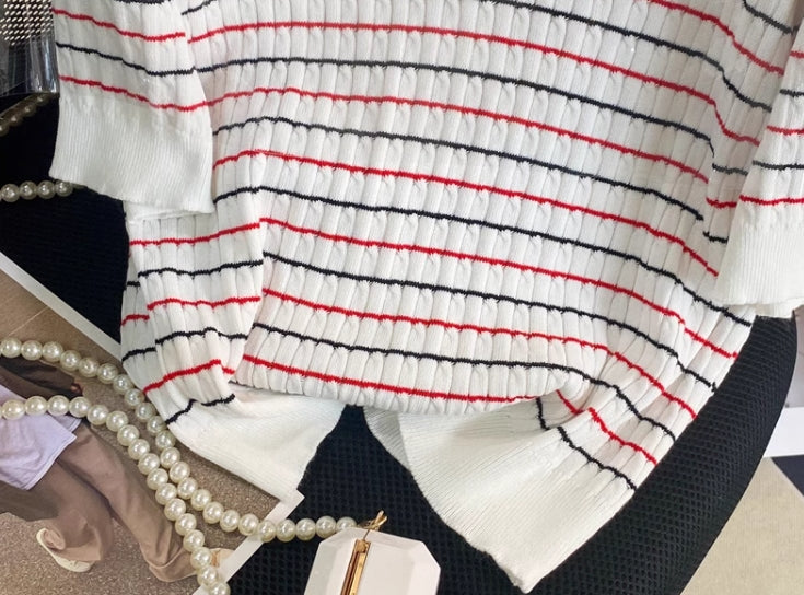 White Collared Stripes Short Sleeve Sweater
