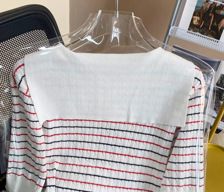 White Collared Stripes Short Sleeve Sweater