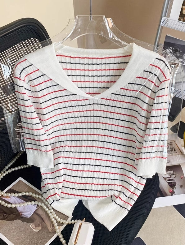 White Collared Stripes Short Sleeve Sweater
