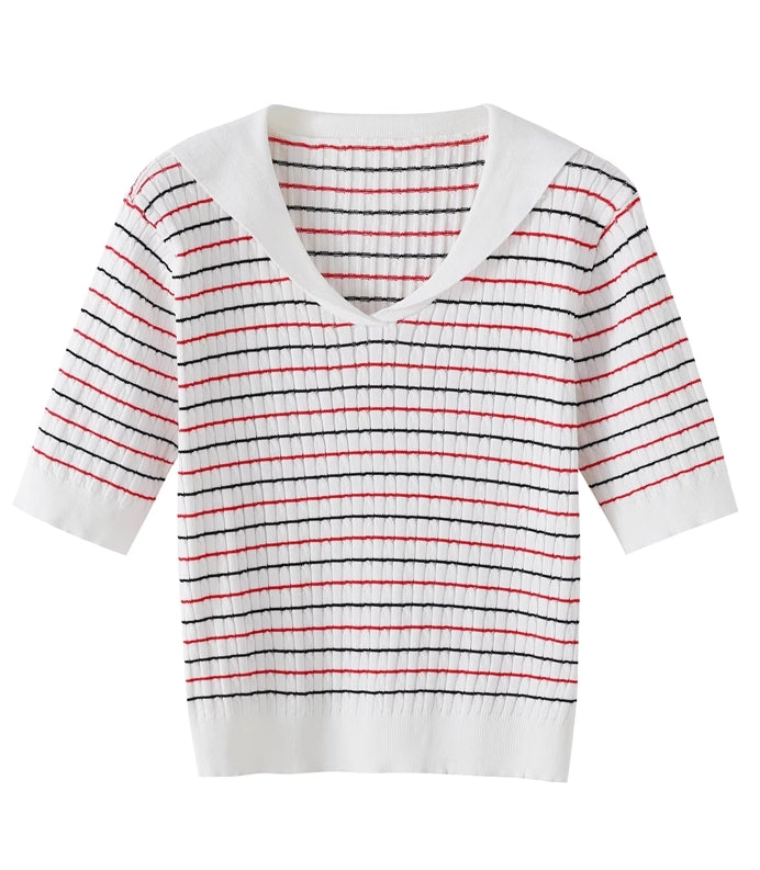 White Collared Stripes Short Sleeve Sweater