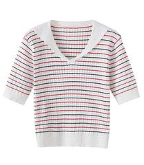 White Collared Stripes Short Sleeve Sweater