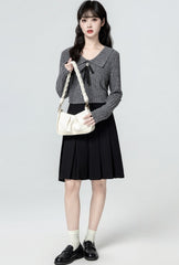 Dark Gray Bow Knit Collared Slim Sweater
