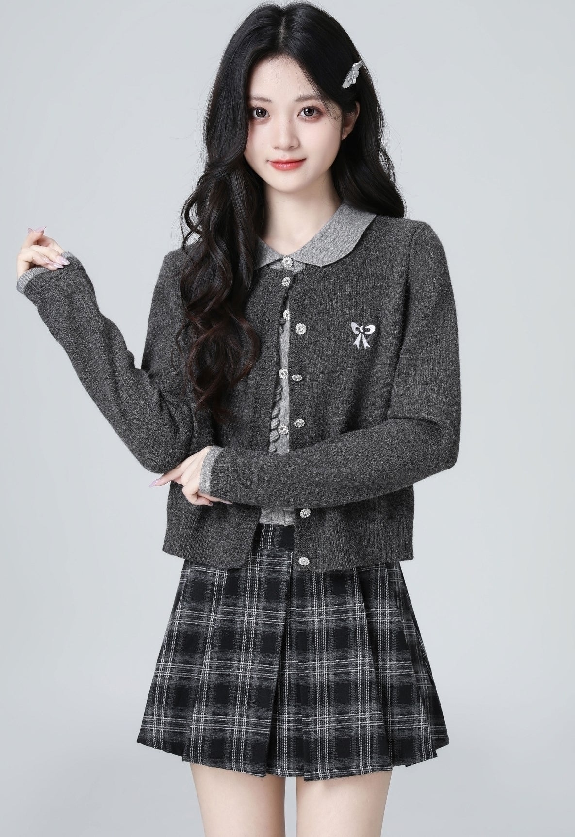 Dark Gray Knit Cardigan Layered Sweater Top