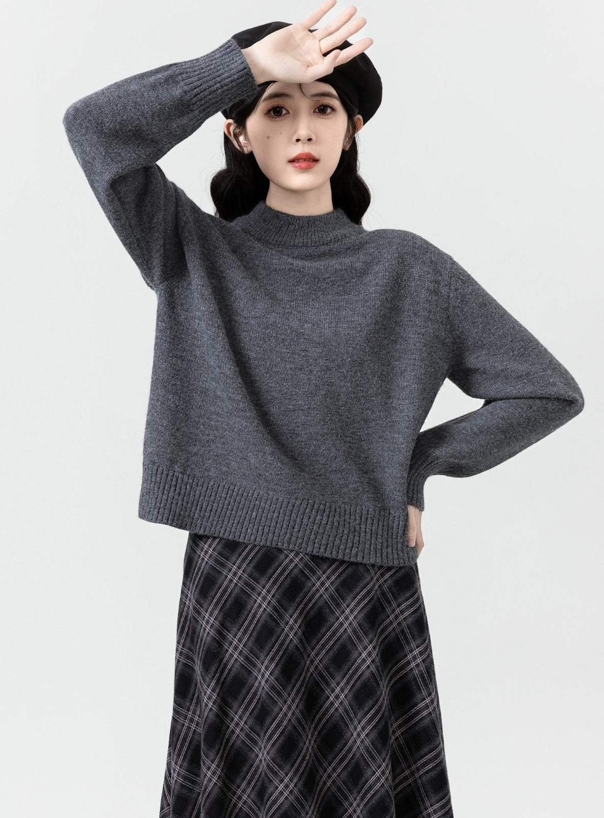 Dark Gray Mock Neck Knit Sweater Top