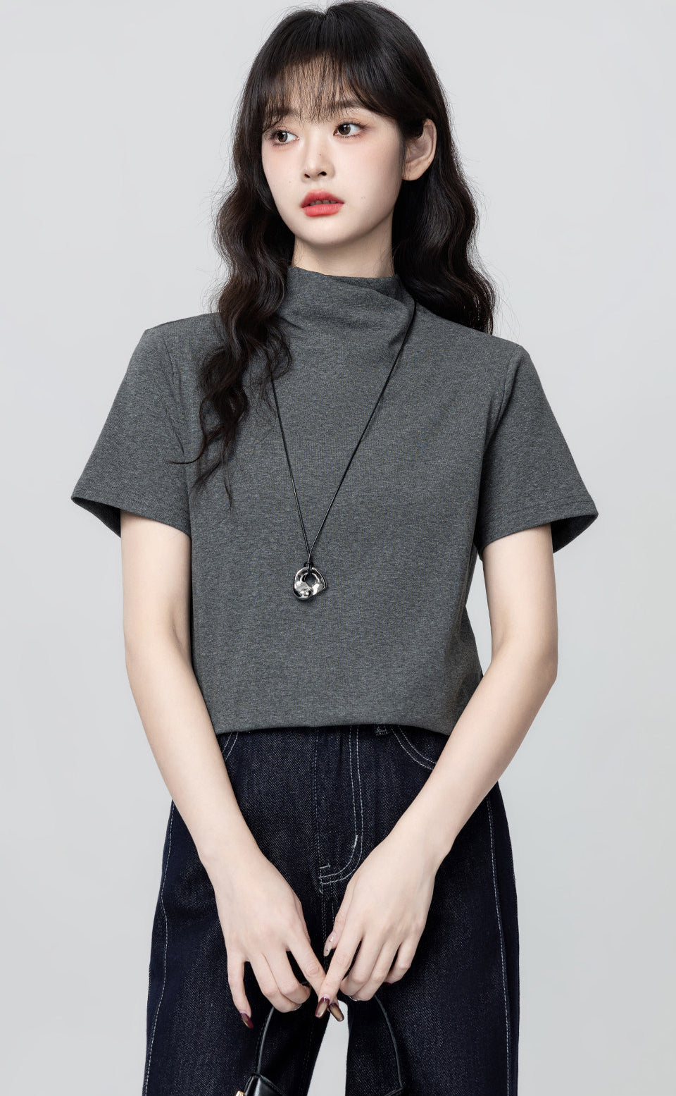 Dark Gray Mock Neck Short Sleeve Top