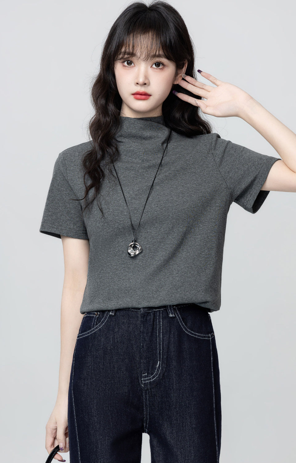 Dark Gray Mock Neck Short Sleeve Top