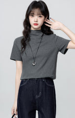 Dark Gray Mock Neck Short Sleeve Top