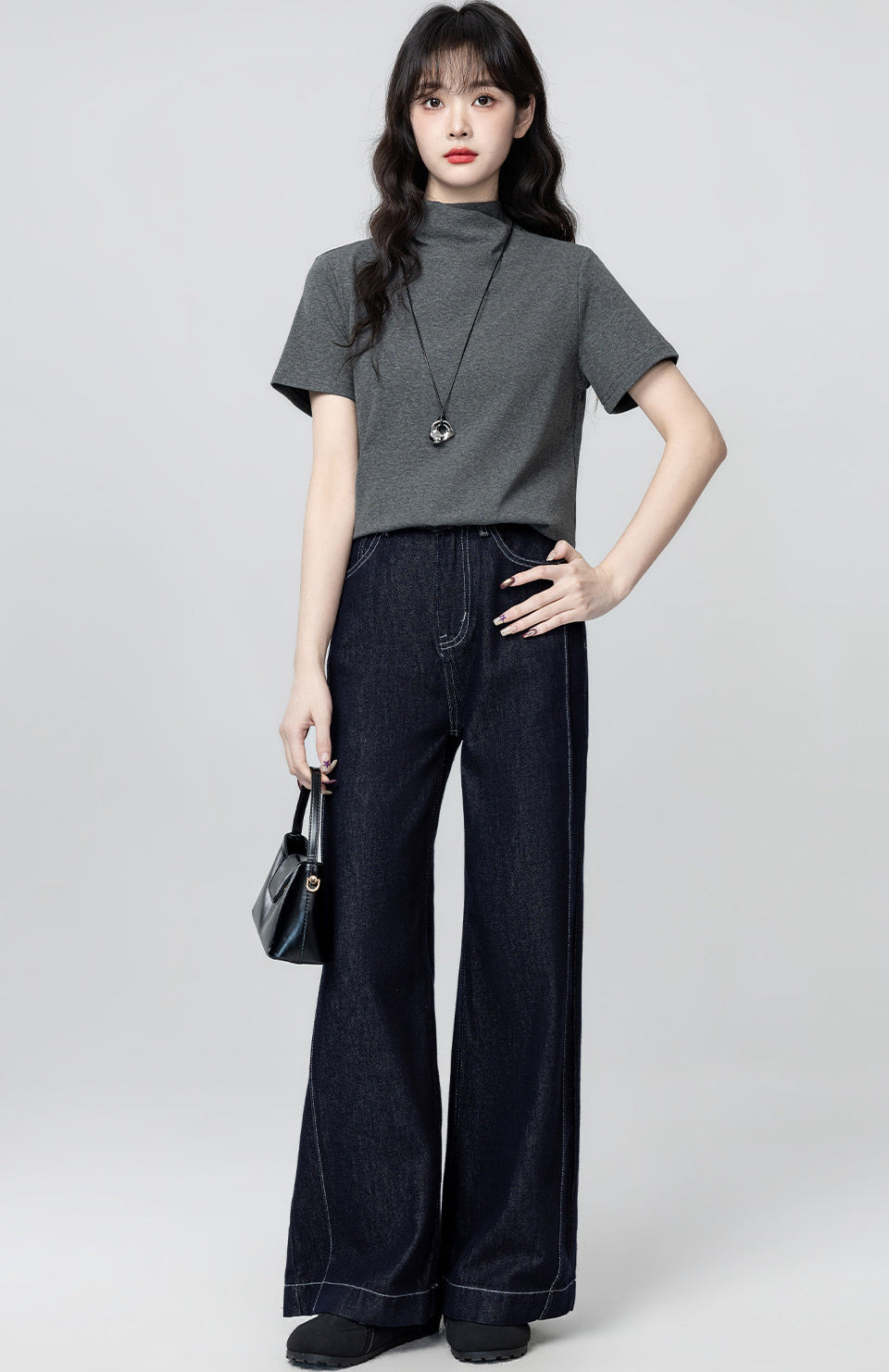 Dark Gray Mock Neck Short Sleeve Top