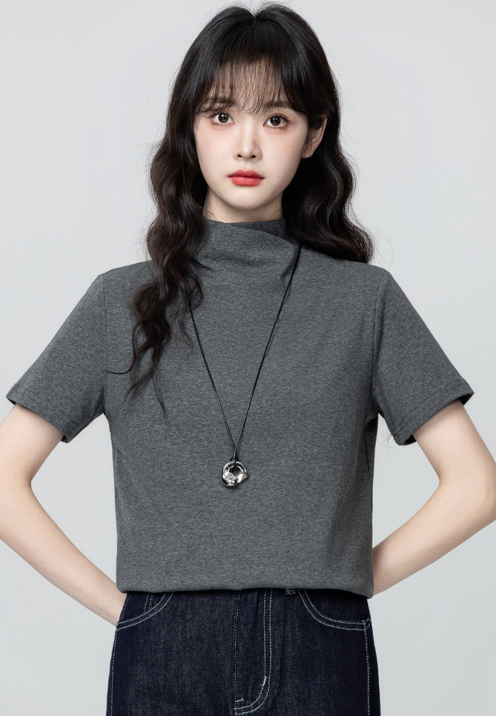 Dark Gray Mock Neck Short Sleeve Top