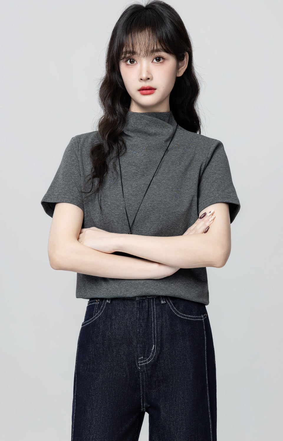 Dark Gray Mock Neck Short Sleeve Top