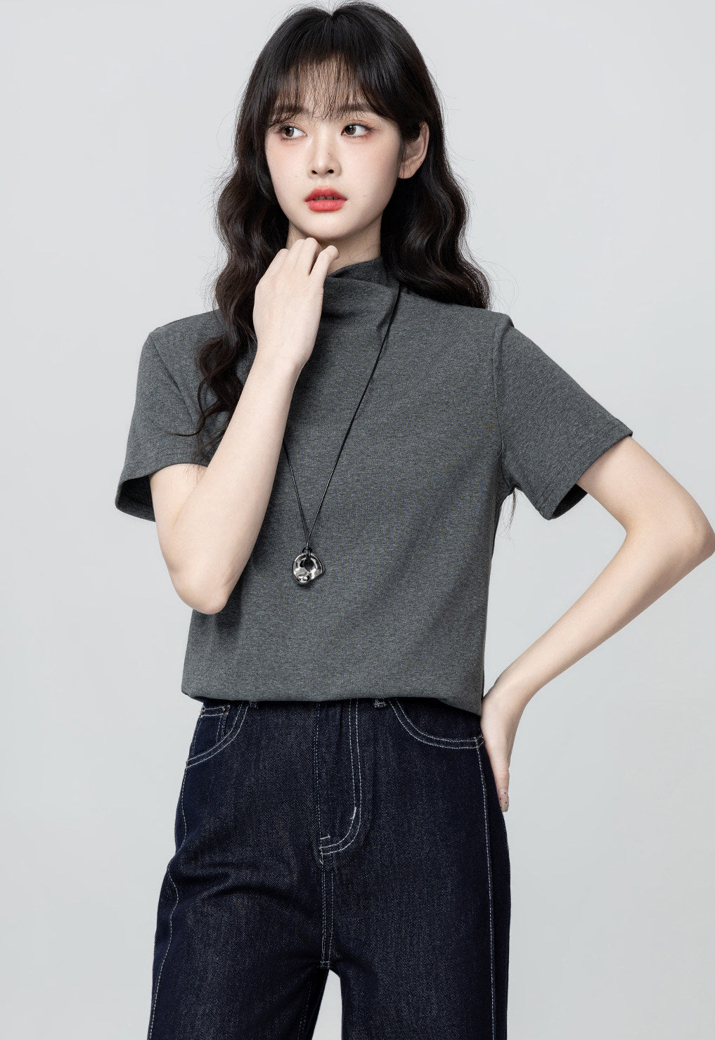 Dark Gray Mock Neck Short Sleeve Top