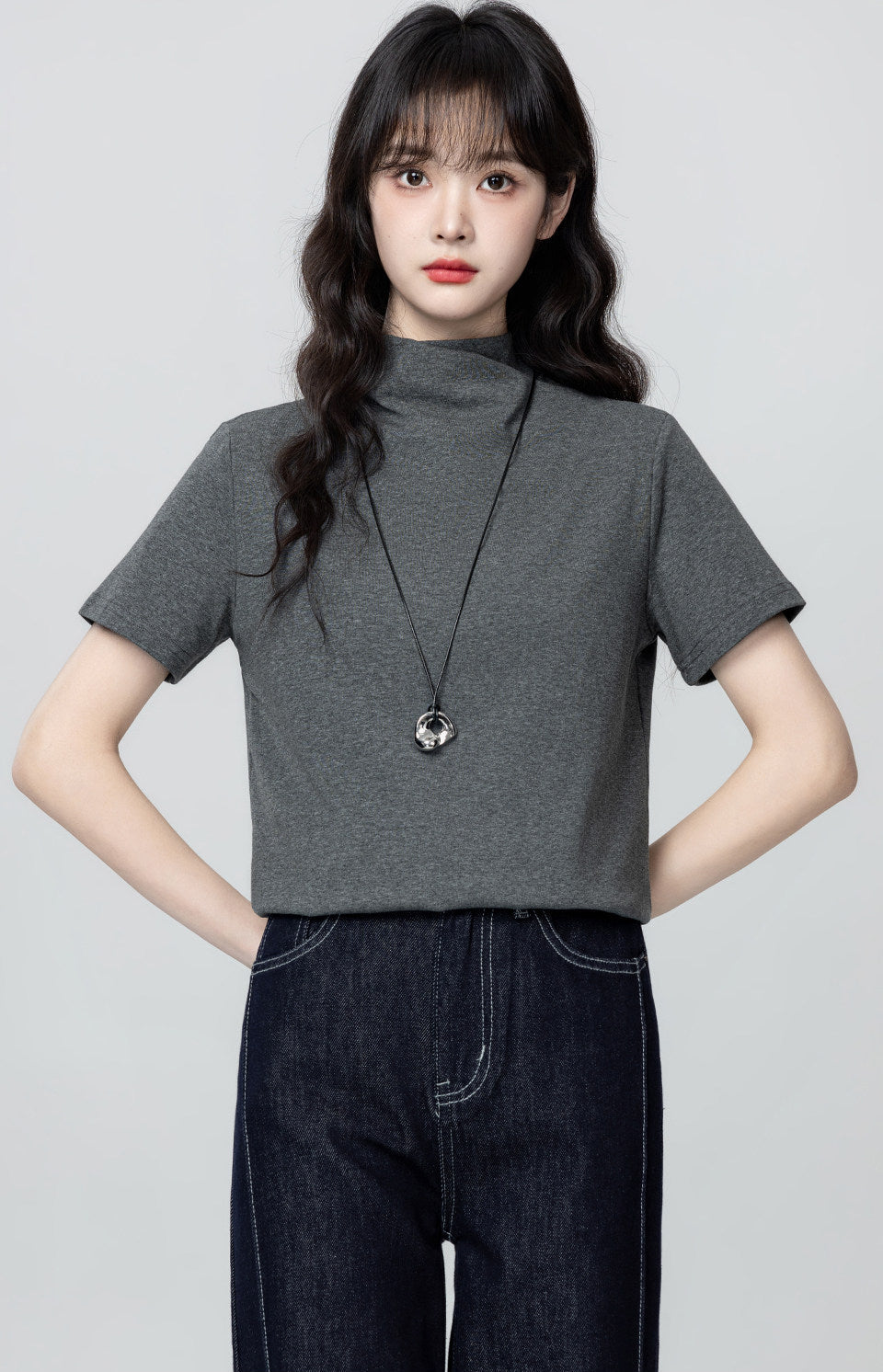Dark Gray Mock Neck Short Sleeve Top