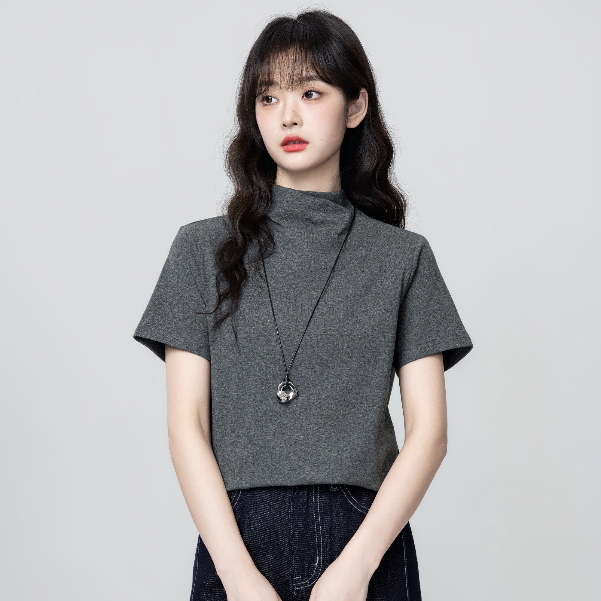 Dark Gray Mock Neck Short Sleeve Top