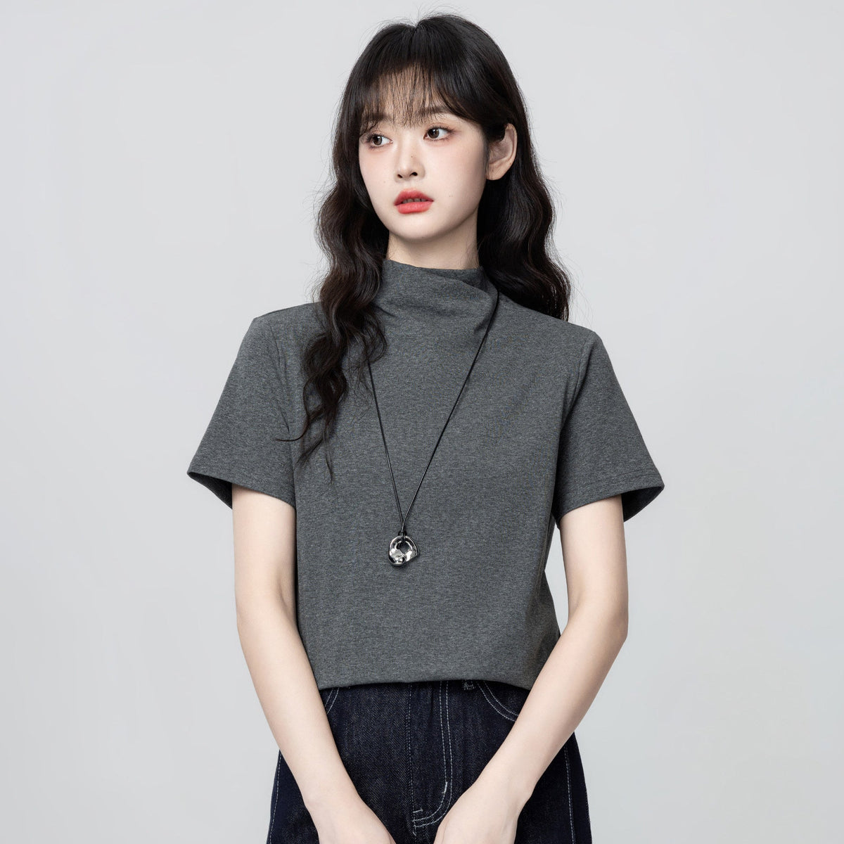 Dark Gray Mock Neck Short Sleeve Top