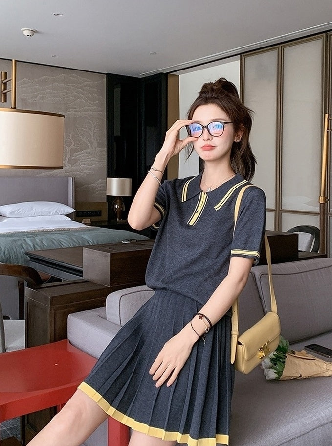 Dark Gray Pleated Skirt Short Sleeve Casual Set