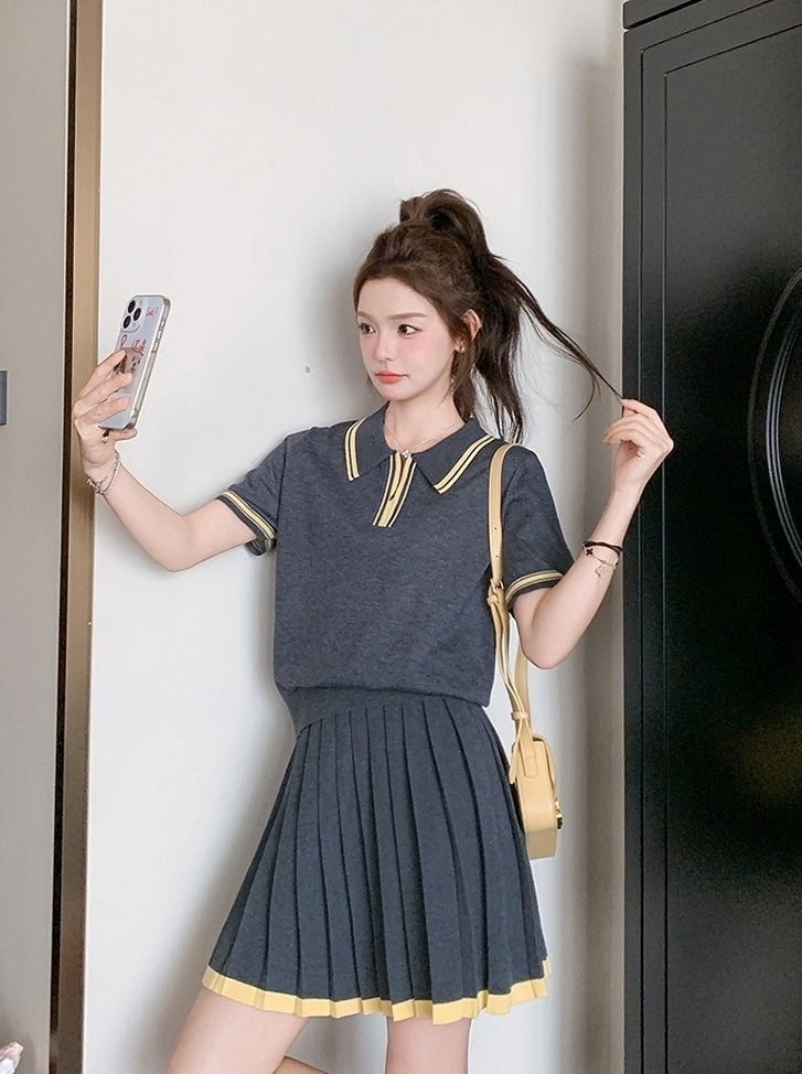 Dark Gray Pleated Skirt Short Sleeve Casual Set