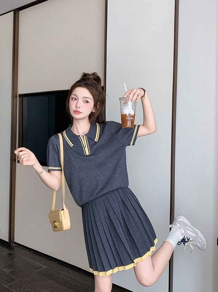 Dark Gray Pleated Skirt Short Sleeve Casual Set