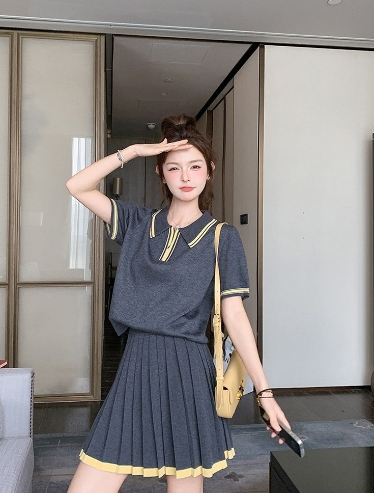 Dark Gray Pleated Skirt Short Sleeve Casual Set