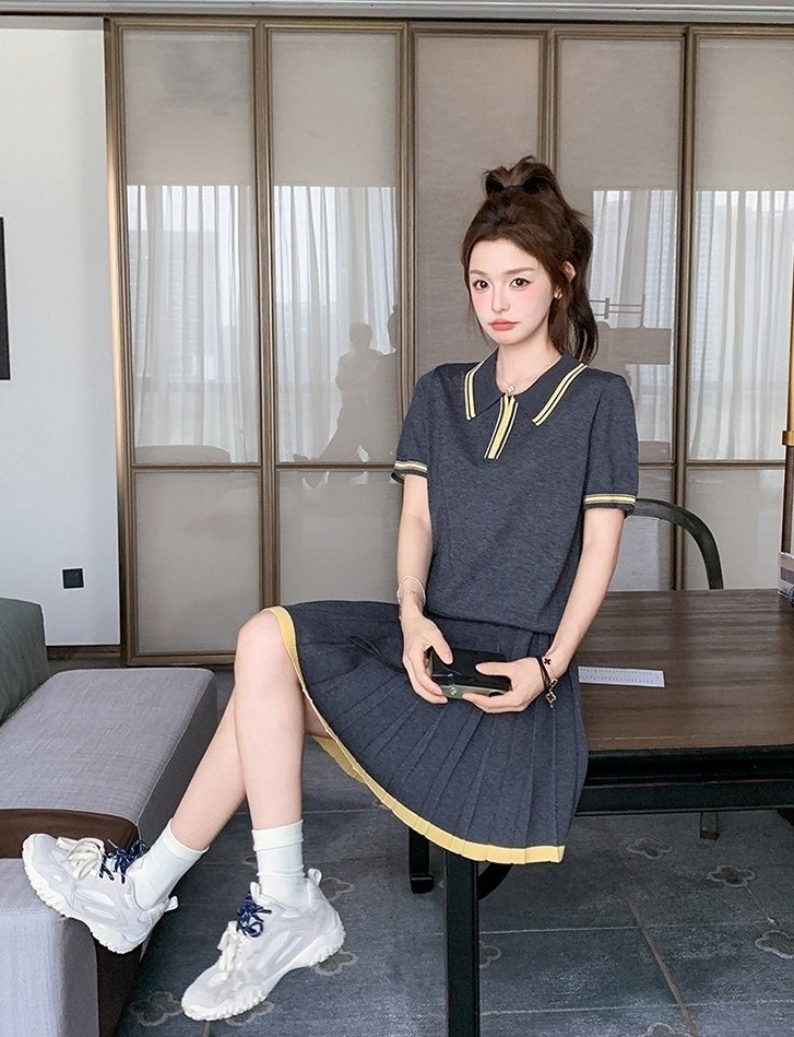 Dark Gray Pleated Skirt Short Sleeve Casual Set