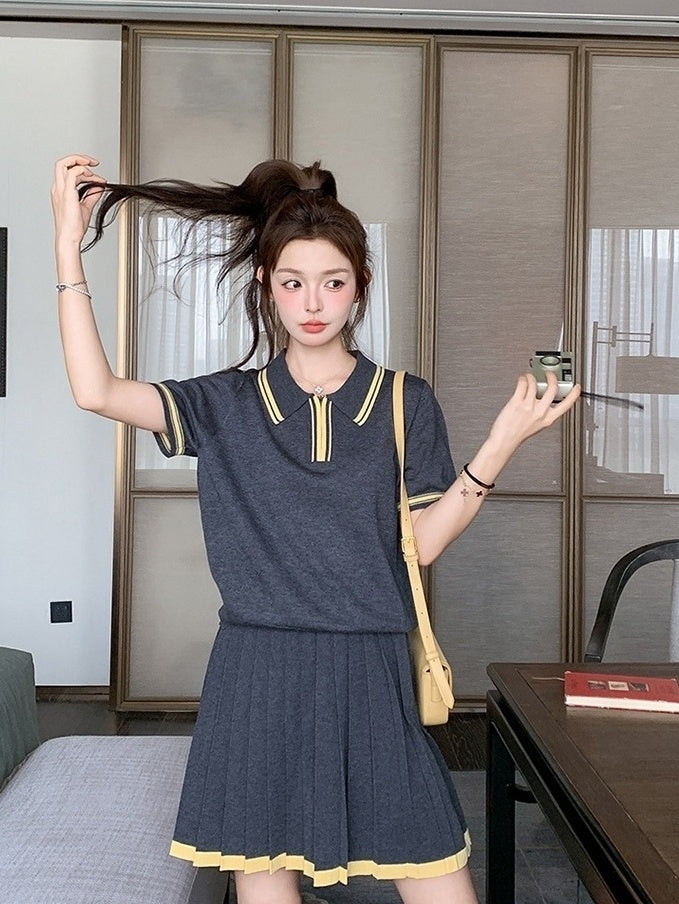 Dark Gray Pleated Skirt Short Sleeve Casual Set