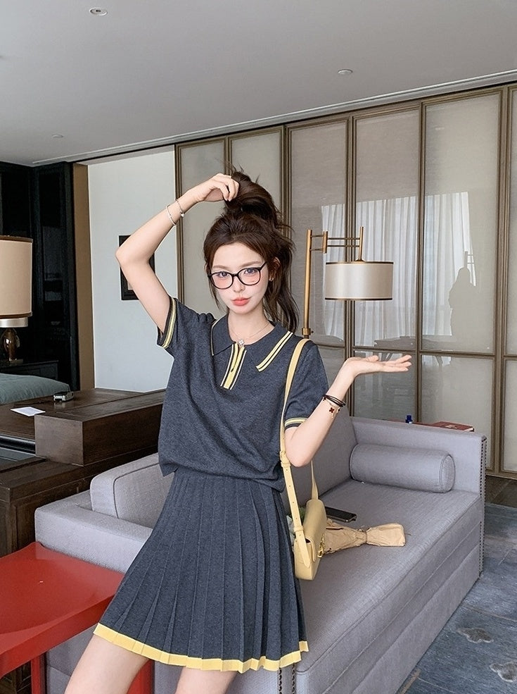 Dark Gray Pleated Skirt Short Sleeve Casual Set