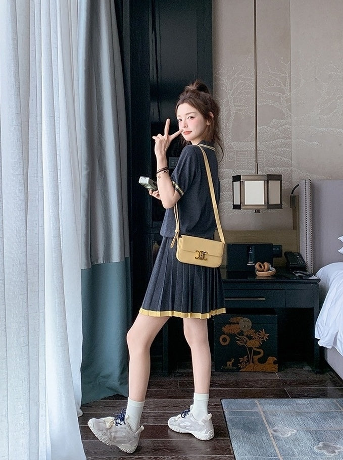 Dark Gray Pleated Skirt Short Sleeve Casual Set