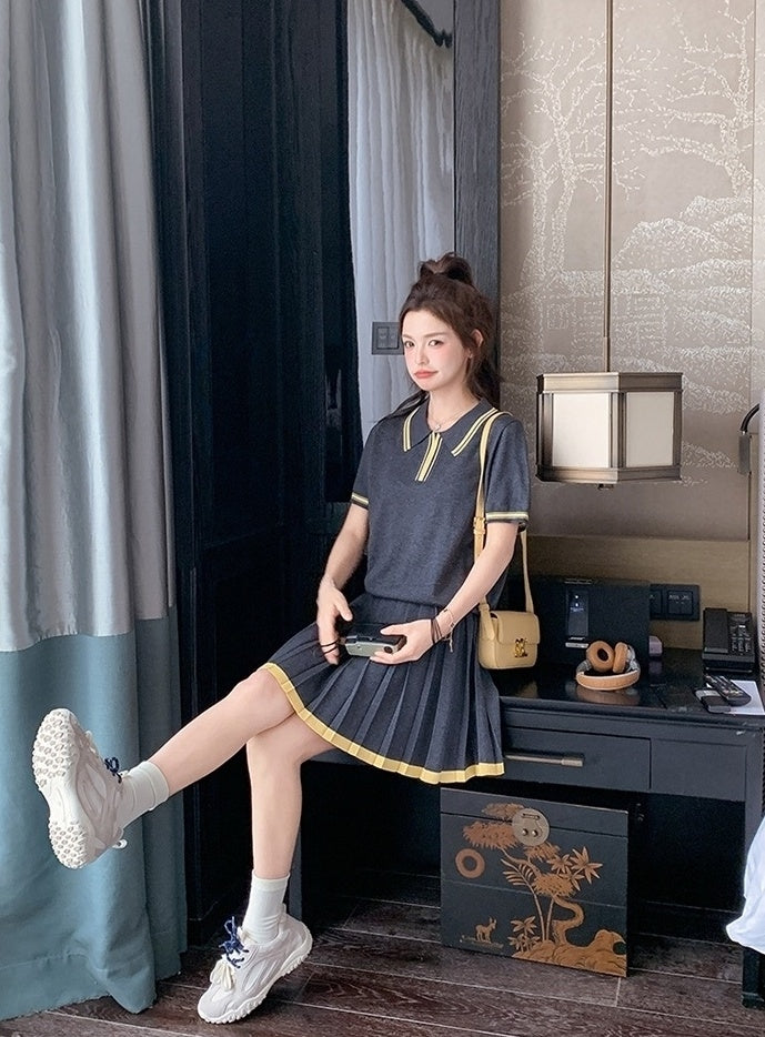 Dark Gray Pleated Skirt Short Sleeve Casual Set