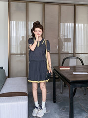 Dark Gray Pleated Skirt Short Sleeve Casual Set