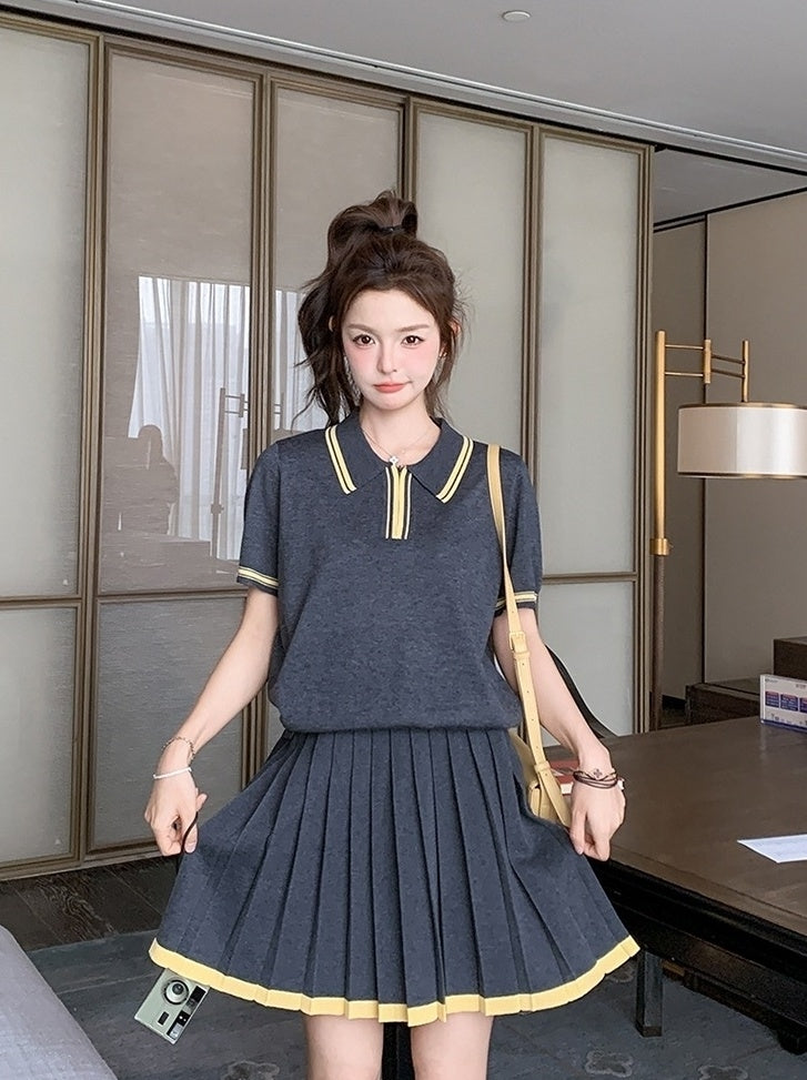 Dark Gray Pleated Skirt Short Sleeve Casual Set