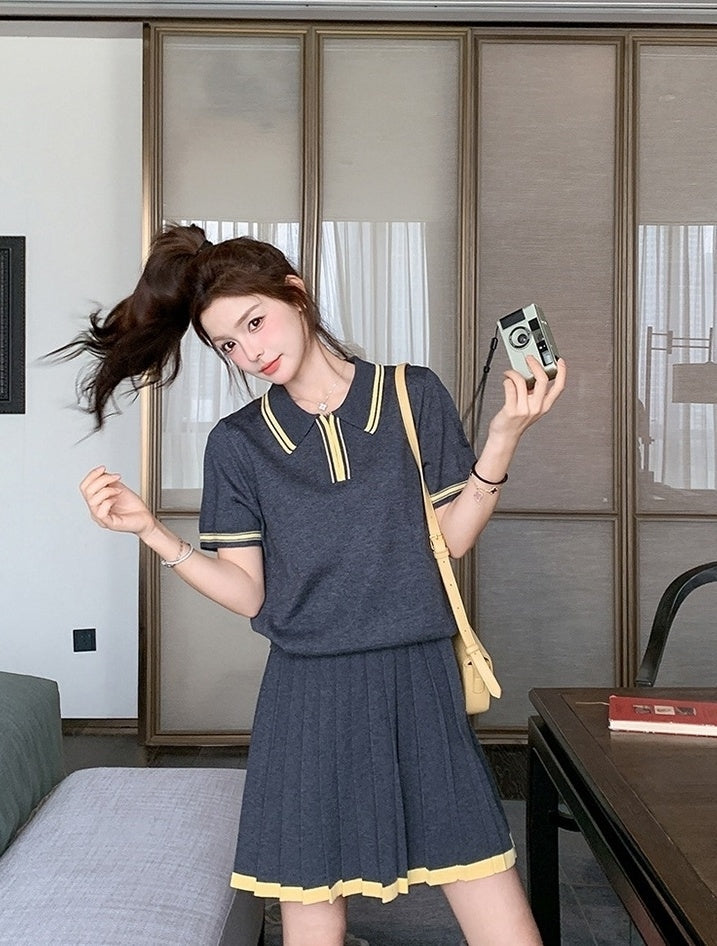 Dark Gray Pleated Skirt Short Sleeve Casual Set