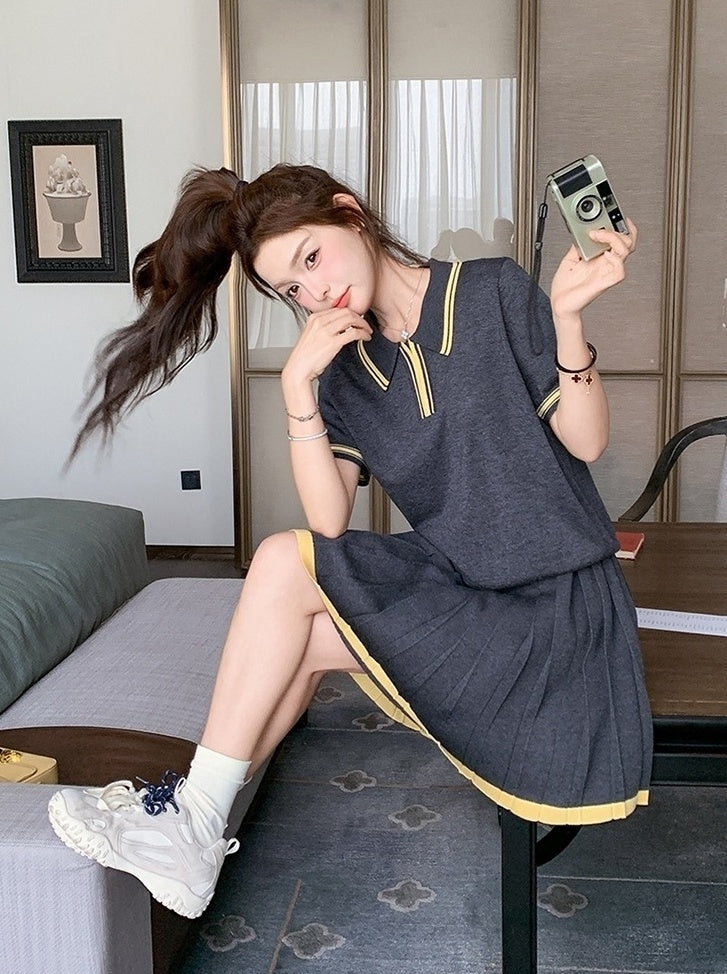 Dark Gray Pleated Skirt Short Sleeve Casual Set