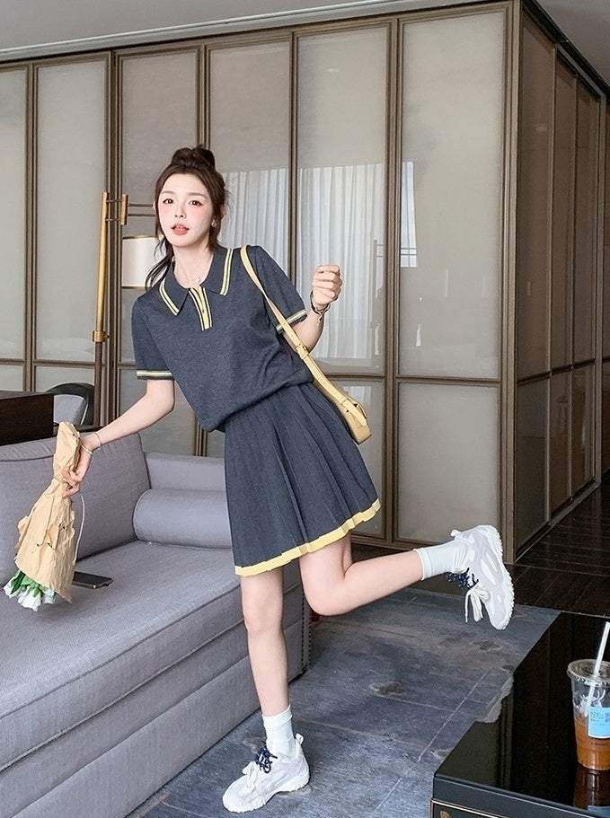 Dark Gray Pleated Skirt Short Sleeve Casual Set