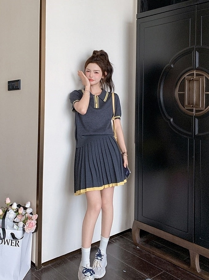 Dark Gray Pleated Skirt Short Sleeve Casual Set