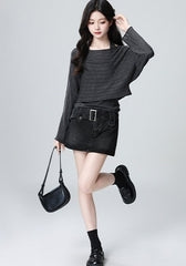 Dark Gray Striped Knit Vest And Cardigan Set