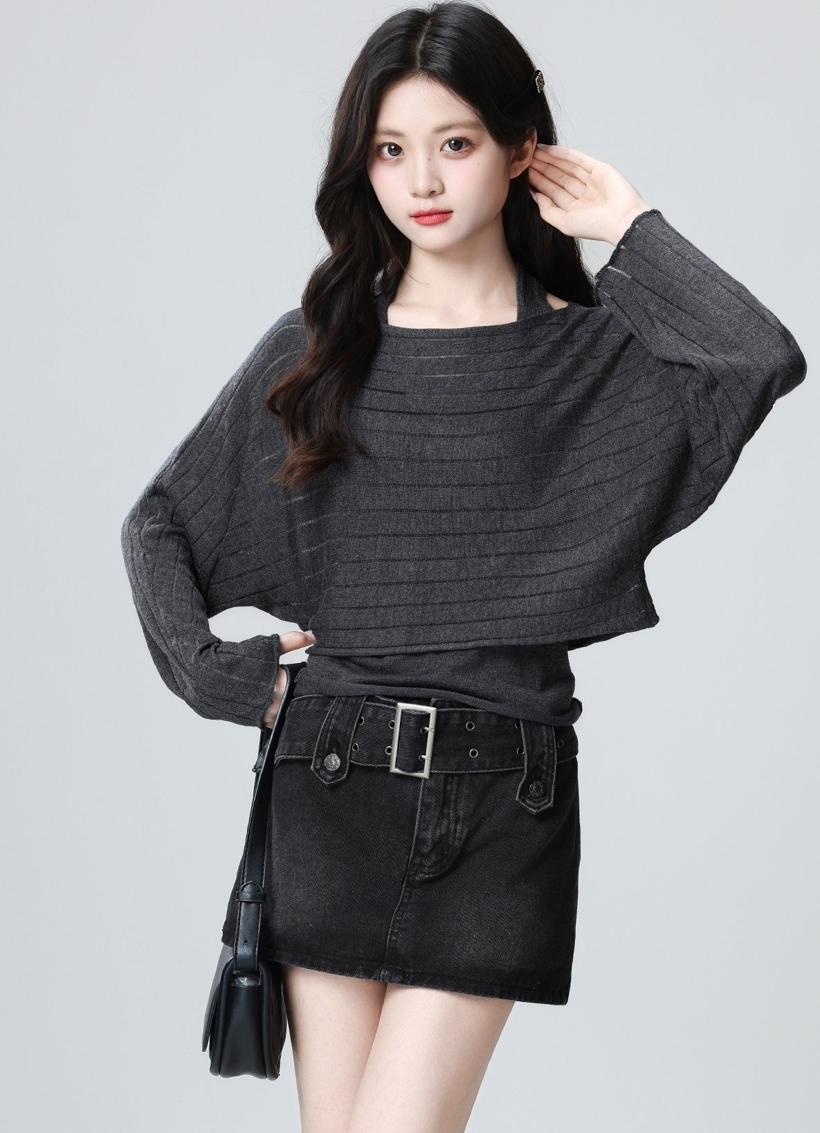 Dark Gray Striped Knit Vest And Cardigan Set