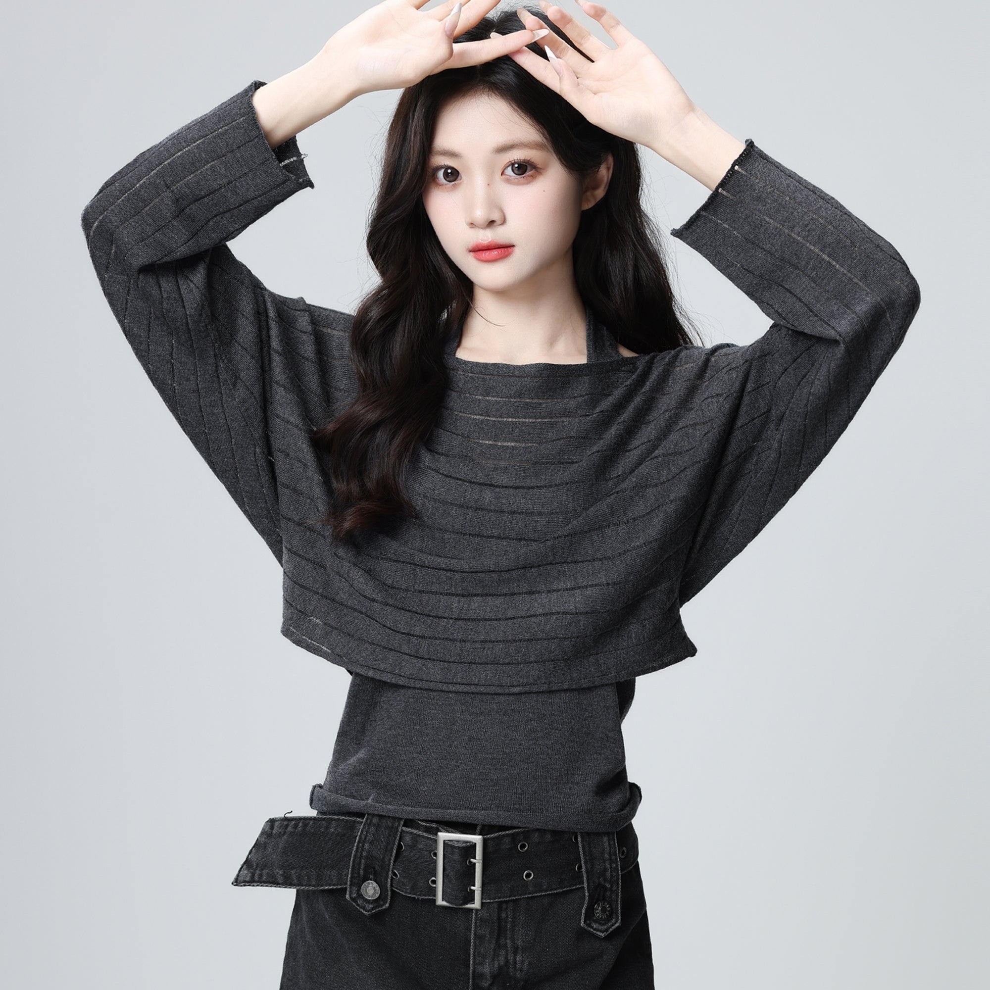 Dark Gray Striped Knit Vest And Cardigan Set