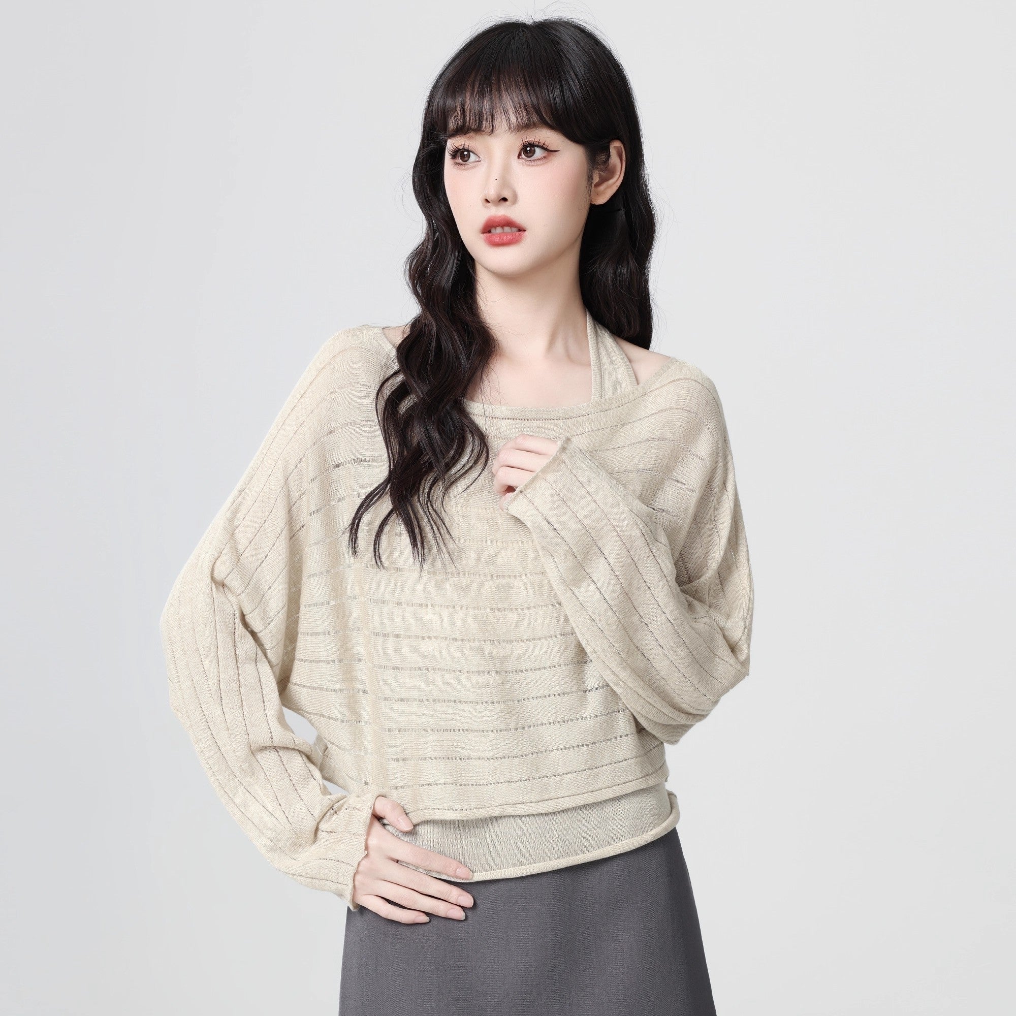 Dark Gray Striped Knit Vest And Cardigan Set