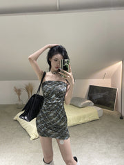 Dark Green Plaid Ruched Dress
