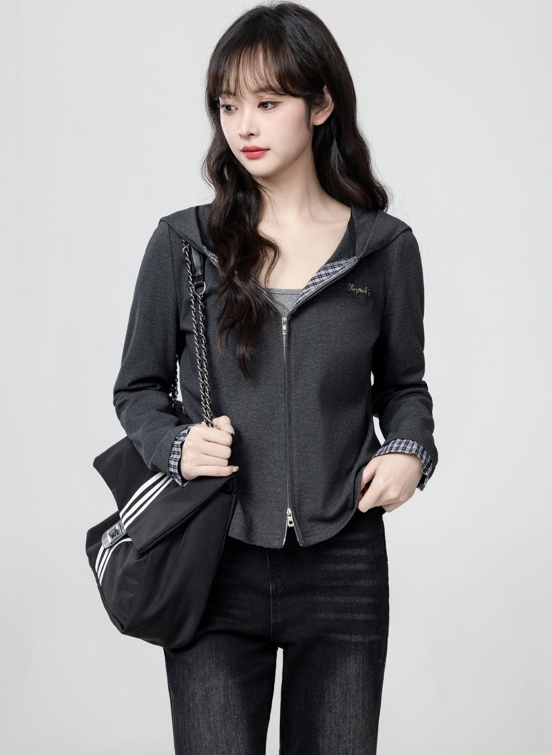 Dark Grey Hooded Plaid Patchwork Zip Up Cropped Top
