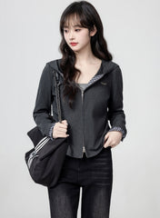 Dark Grey Hooded Plaid Patchwork Zip Up Cropped Top