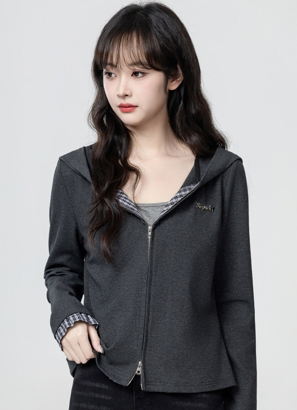 Dark Grey Hooded Plaid Patchwork Zip Up Cropped Top