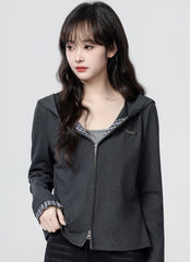 Dark Grey Hooded Plaid Patchwork Zip Up Cropped Top