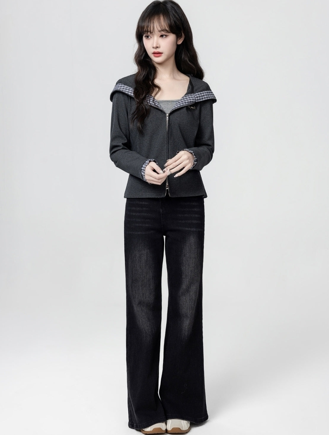 Dark Grey Hooded Plaid Patchwork Zip Up Cropped Top