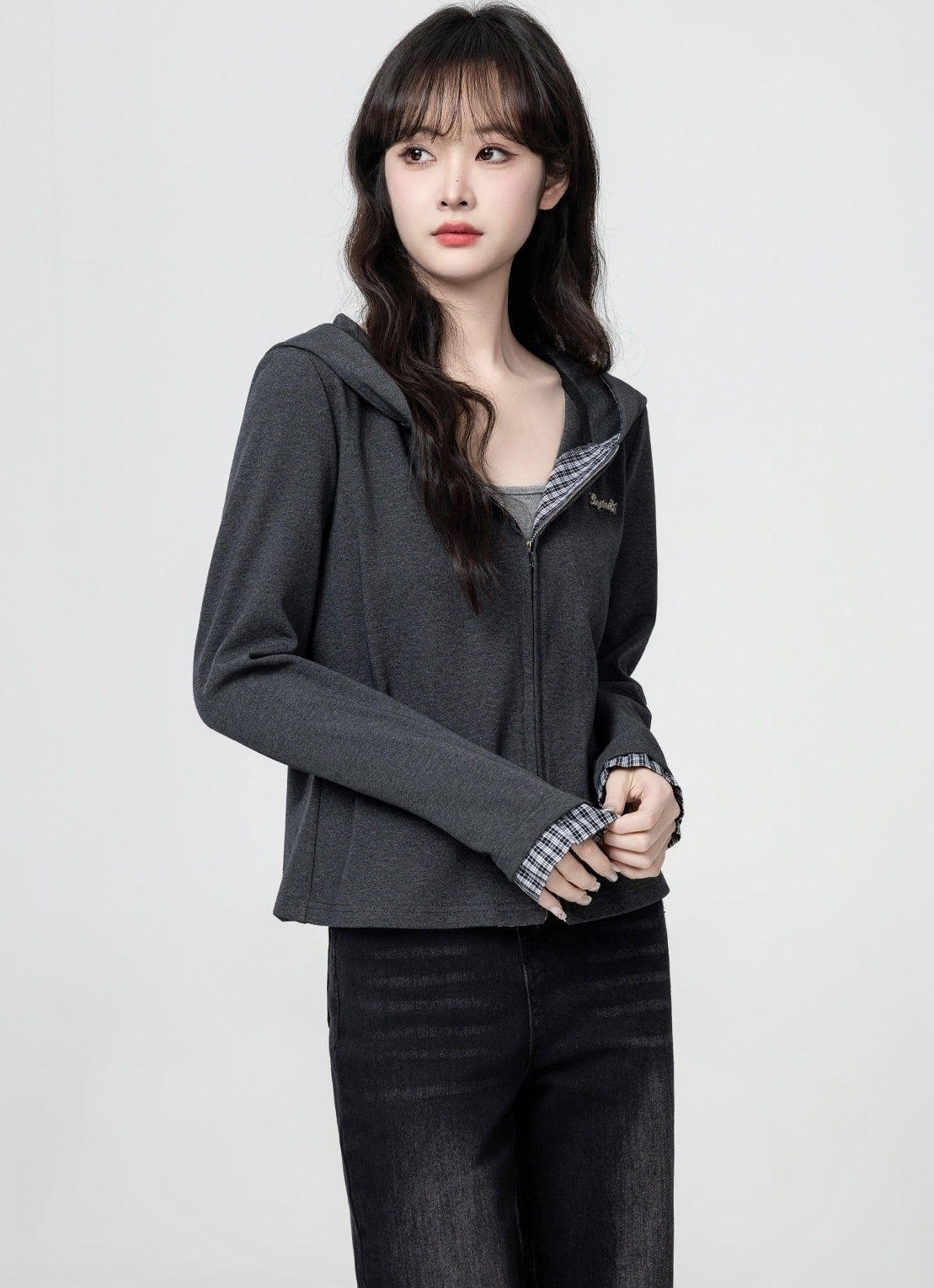 Dark Grey Hooded Plaid Patchwork Zip Up Cropped Top