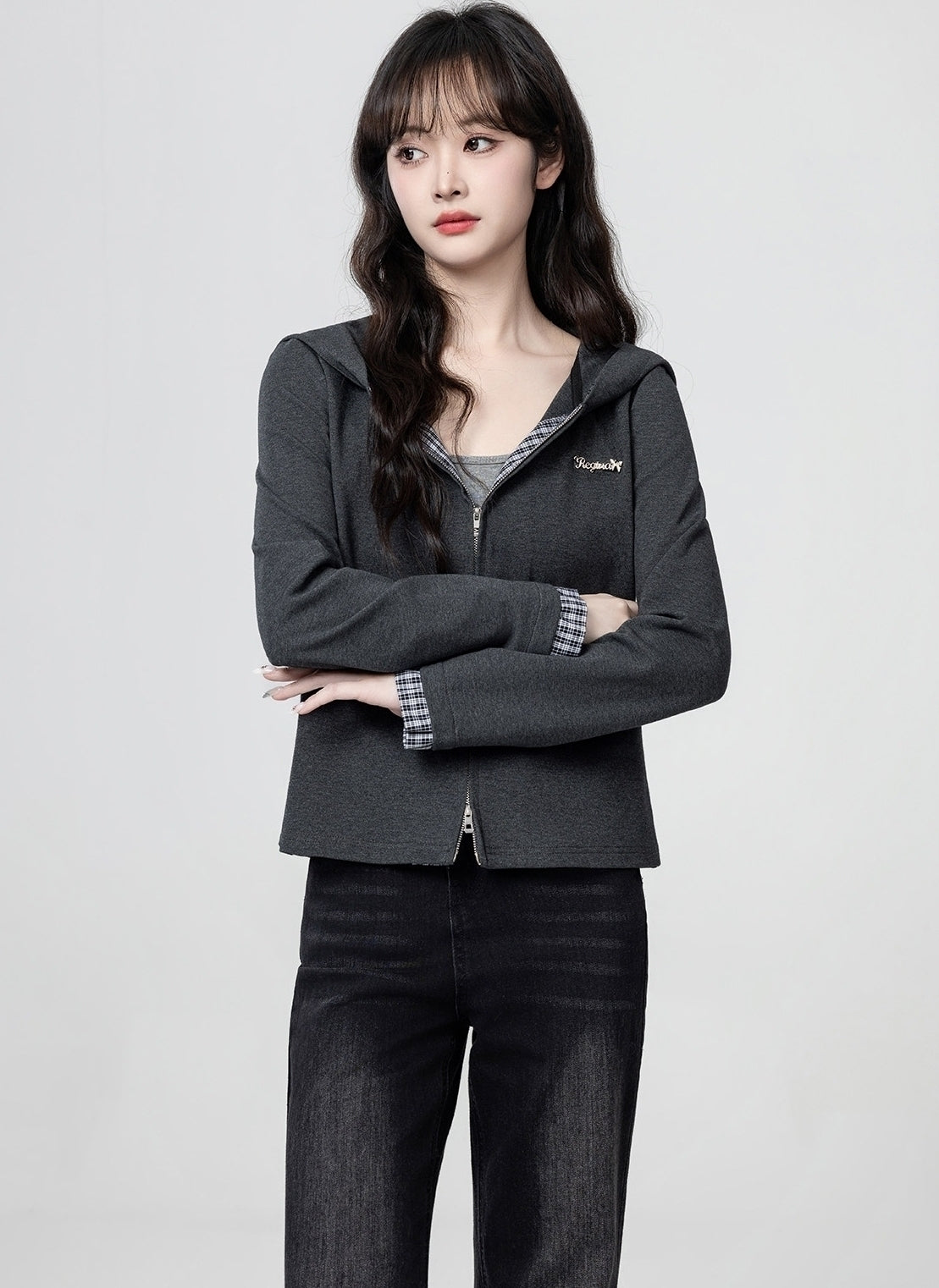 Dark Grey Hooded Plaid Patchwork Zip Up Cropped Top