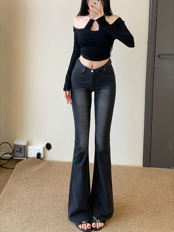 Dark Grey Washed Flared Jeans
