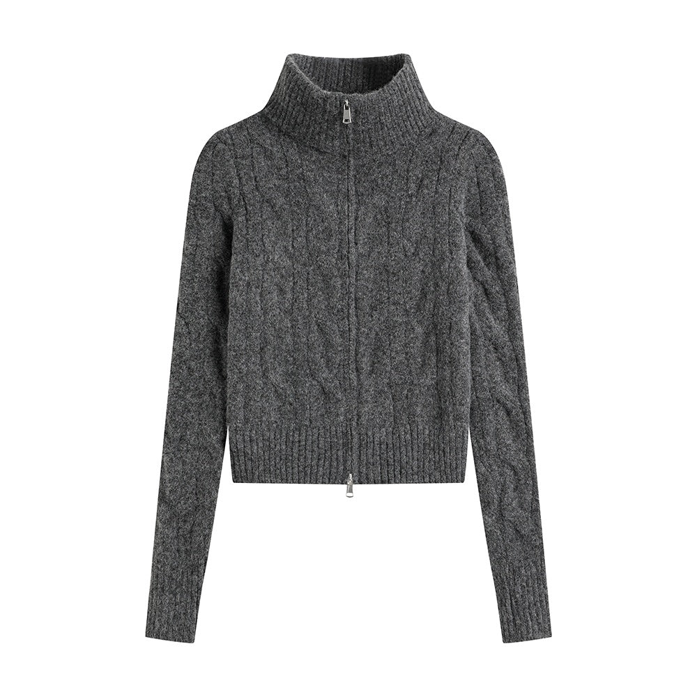 Dark Grey Zip-Up Knit Cardigan